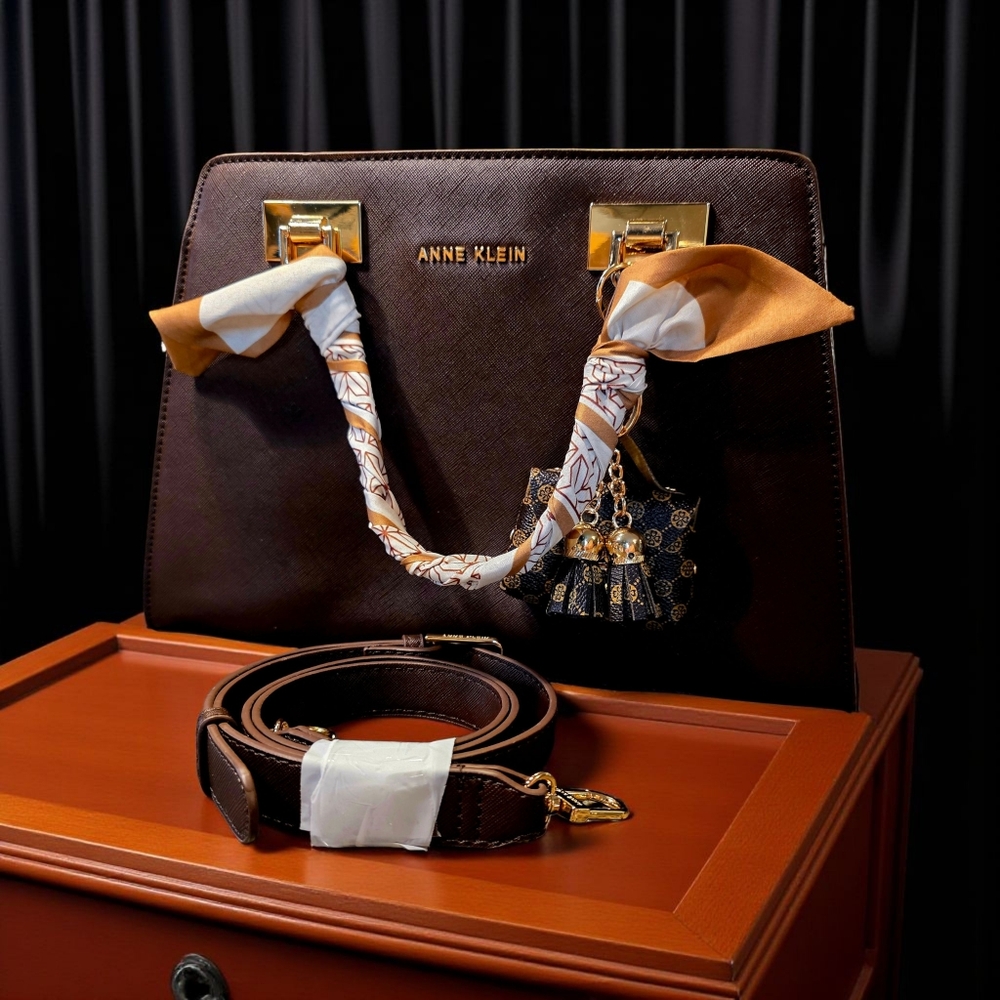 Chic Brown Anne Klein Satchel with Twilly and Bag Charms - Picture 6 of 8